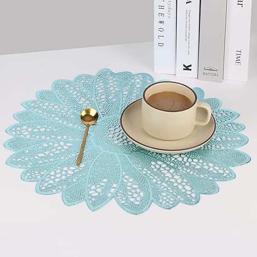 Miniatura 5 de Candumy Juego de 6 manteles individuales redondos azules de 15 pulgadas para mesa de comedor, tapetes metálicos de vinilo huecos con flores,