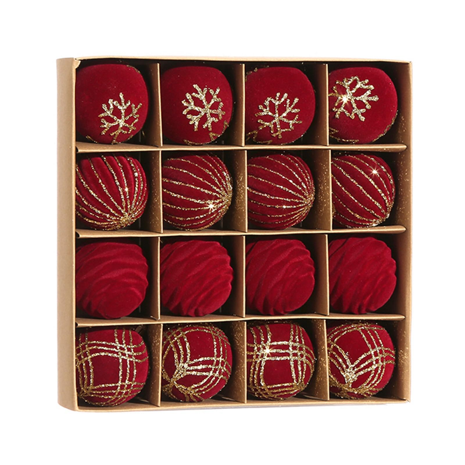 16Pcs Velvet Christmas Baubles Burgundy 60mm / 2.36 Inches, Elegant Red & Gold Shatterproof Plastic Christmas Tree Decorations, Flocked Hanging Ball Ornaments for Holiday Party Home Decor