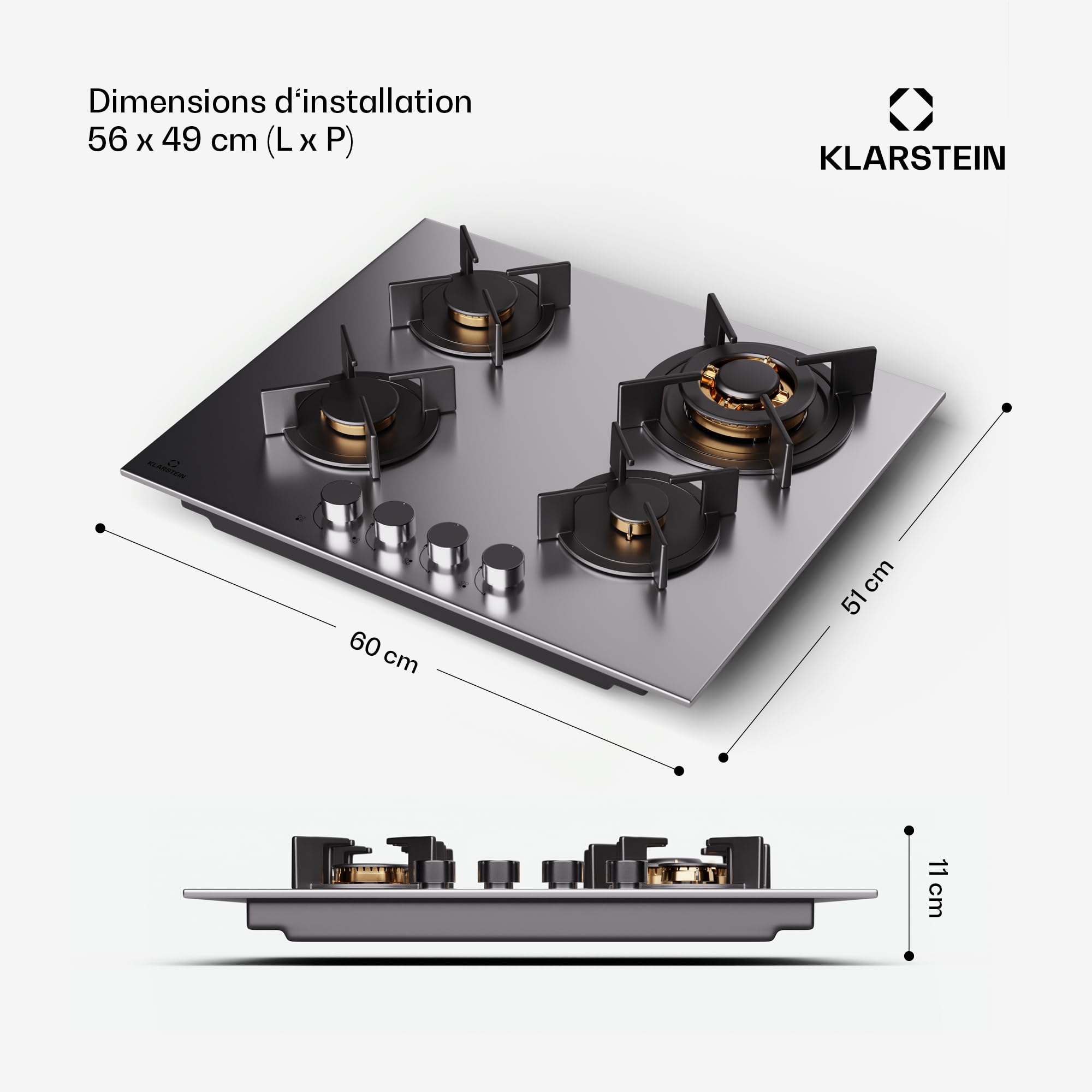 Klarstein Tables de Cuisson à Gaz, Plaque de Cuisson Gaz à 4 Brûleurs, Table de Encastrable à 4 Feux de 8000W, Cuisiniere Gaziniere avec Brûleurs en Acier Inoxydable, Cuisinières GPL