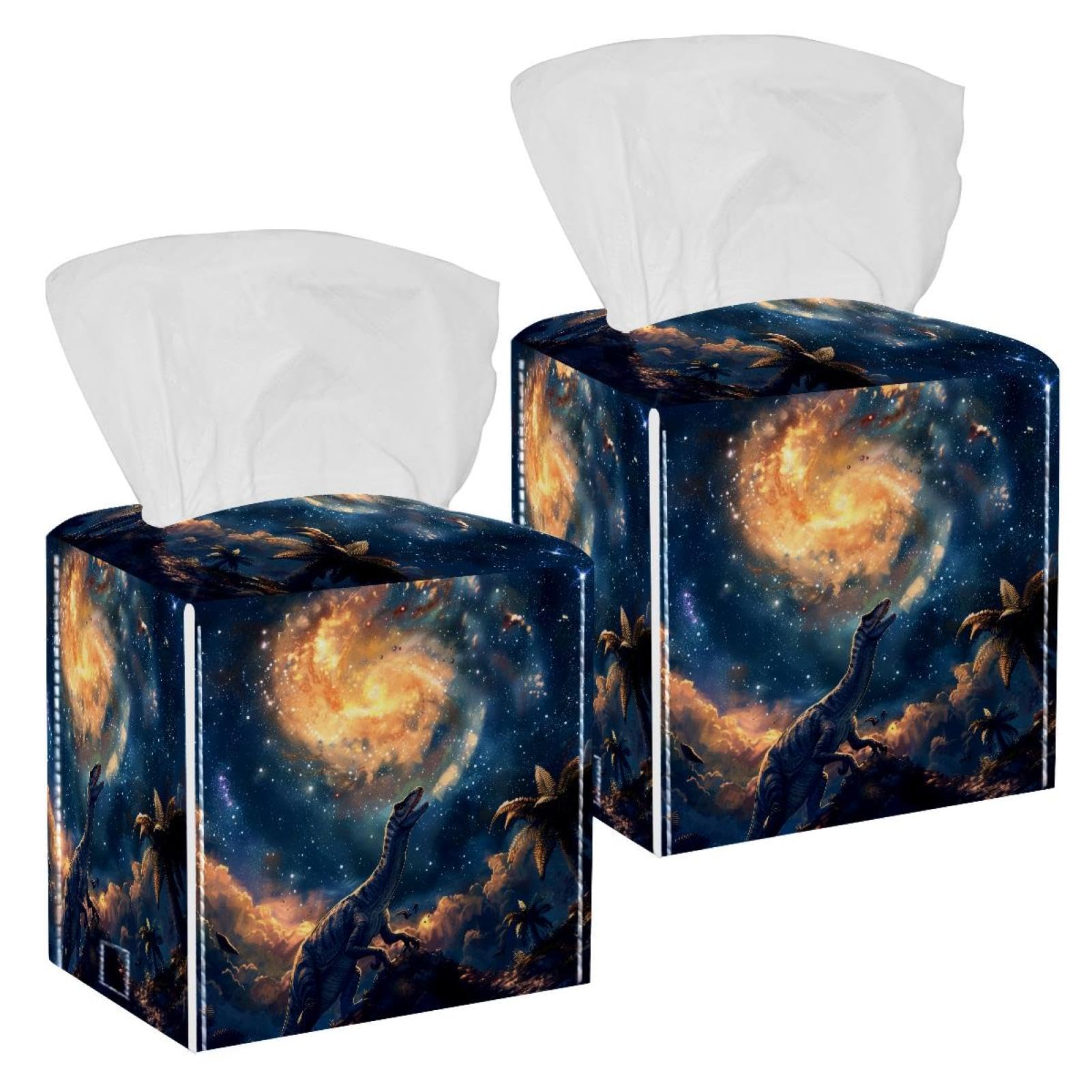 Space Galaxy Dinosaur Tissue Box Cover, 2 Pack PU Leather Square Facial Tissue Dispenser Box holder for Home Office Car