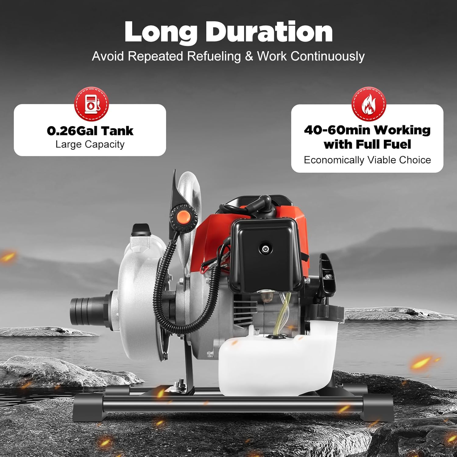 Gas Water Pump 1.5 Inch 2 Stroke 52CC Gas Powered High Pressure Water Pump 131ft Lift And 19.7ft Suction 1.7kw 8500RPM Gasoline Powered Trash Pump for Irrigation Pool and Water Transfer