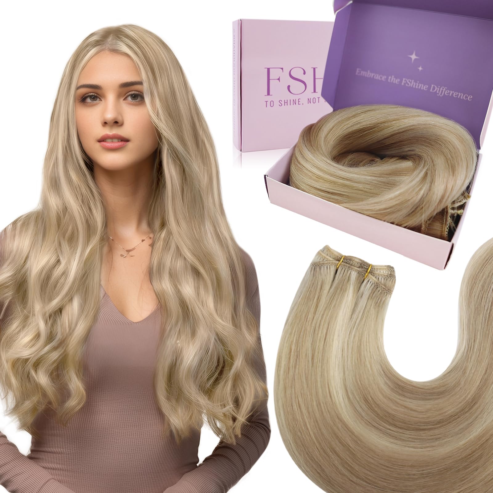 Fshine Extension Tessitura Biondo Cenere Scuro Con Highlighted Del Biondo Dorato Extension Matassa Capelli Veri 55CM 100g Sew In Human Hair Extension Capelli Umani Veri #16P22