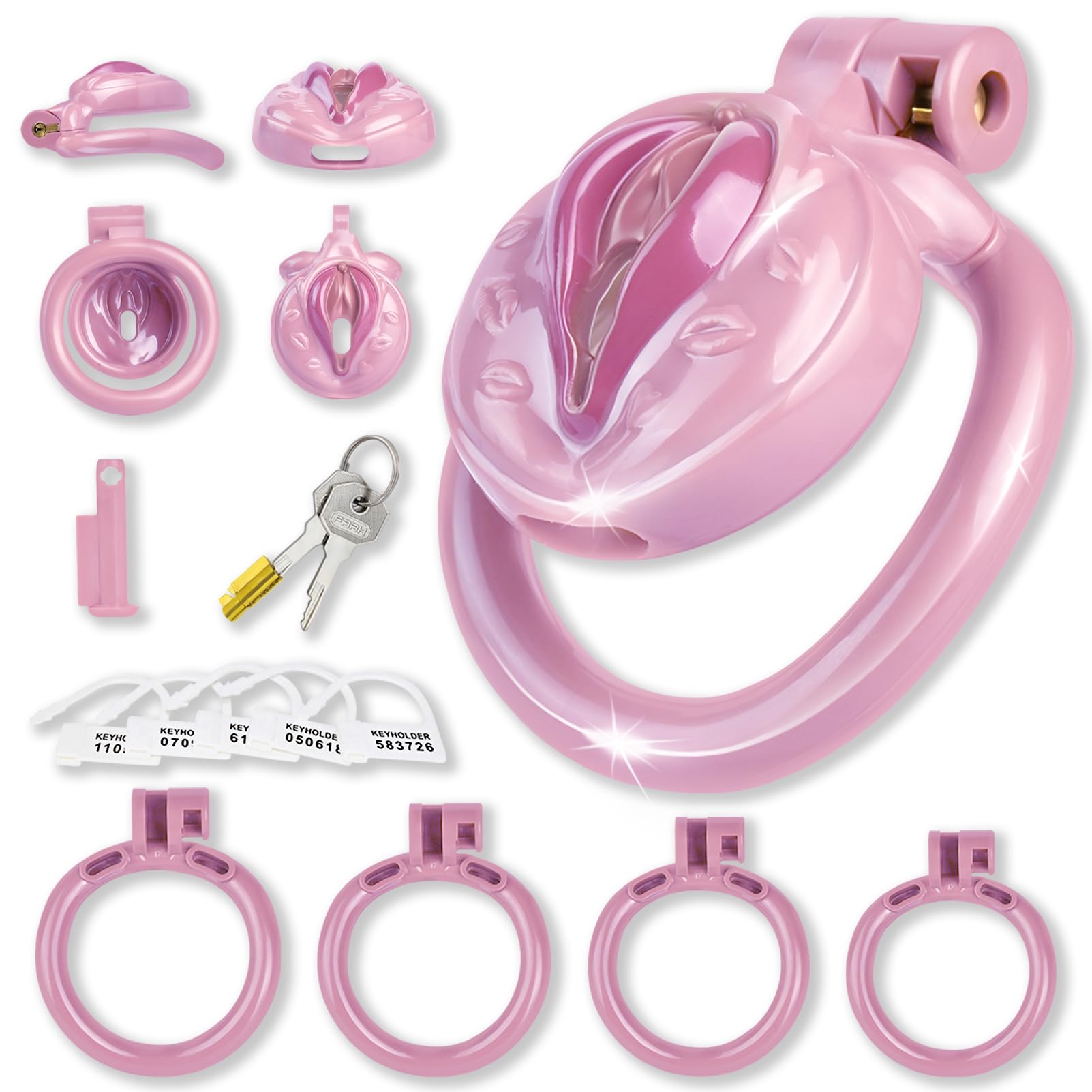 SeLgurFos Cage de Chasteté Sissy Fetish Sex Toy avec 4 Anneaux et 2 Clés Petite Ceinture de Chasteté en Résine pour Hommes SM Cock Bondage Set (Rose)