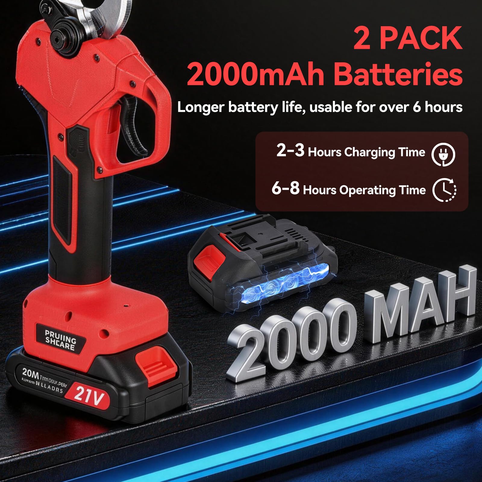 Forbice Potatura a Batteria 50mm: 2 x 21V/2000 mAh Batteria Cesoie Potatura Elettriche Professionali Forbice Elettrica per Potatura con LCD Display per Jardinage, Olives Rosso