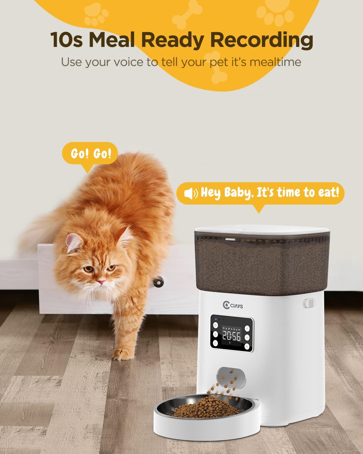 Ciays Automatic Cat Feeder, 4L, White, Plastic and Stainless Steel, Dispenses Up to 20 Portions, 6 Meals Per Day, with Distribution Alarms for Small to Medium Cats and Dogs