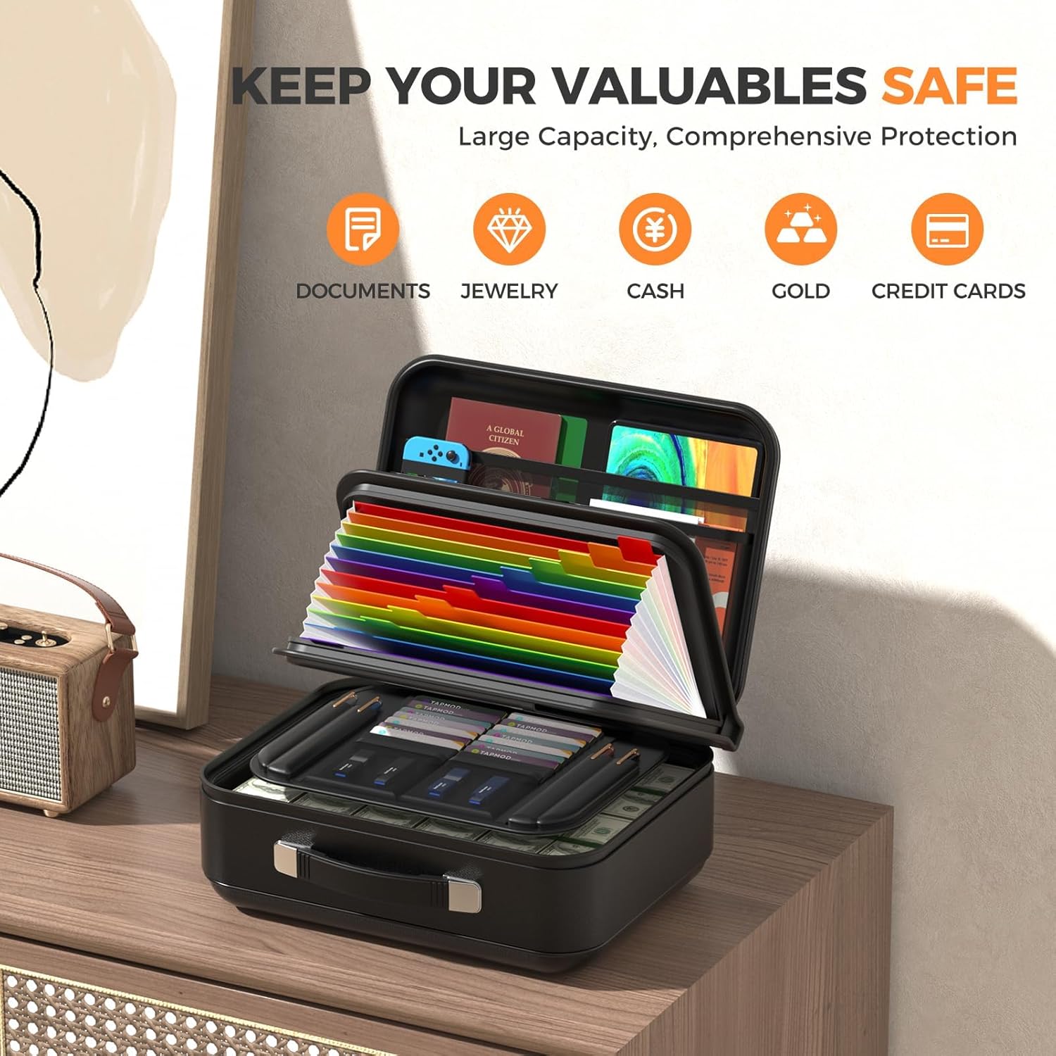 Fireproof Document Box with Combination Lock, Fireproof Water Resistant Hard Case Safe Box for Important Documents Certificates Laptop Passports