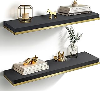 Gronda Wandregal Schwarz Schweberegal Groß Regal Wand Metall Regalbrett Holz für Deko 2er Set Modern für Küche Badezimmer Projektor Wohnzimmer Büro