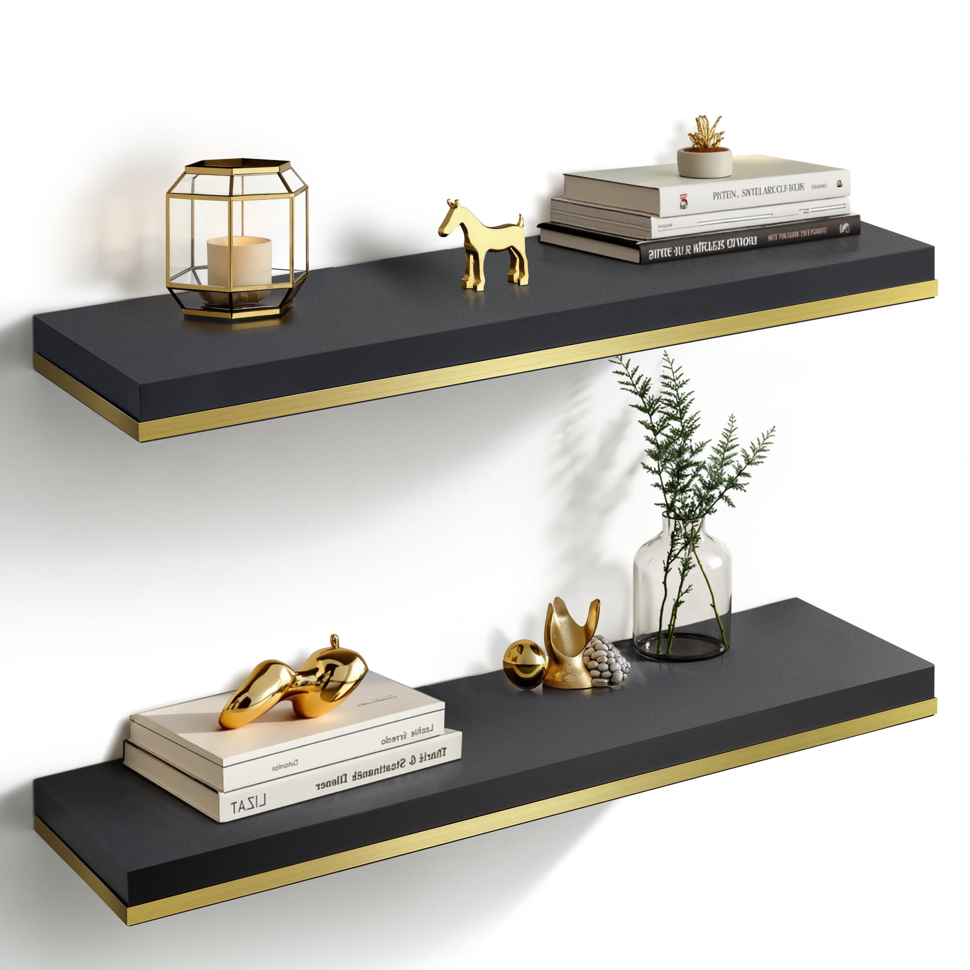 gronda floating shelves for wall, 23.6 inch black floating shelves modern home decor hanging storage organizer with invisible bracket wall mount for bedroom living room bathroom kitchen, set of 2