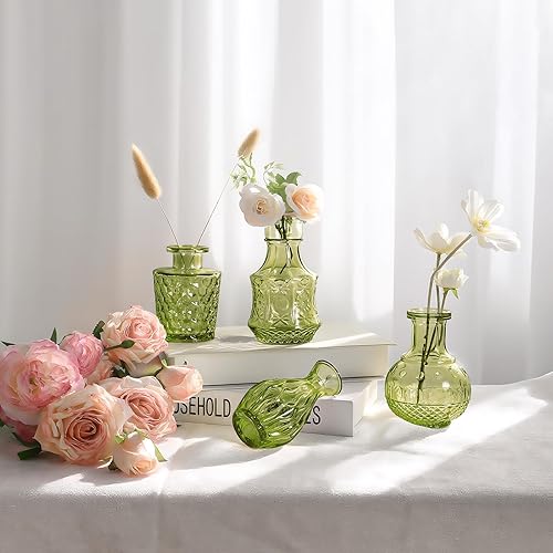 Miniatura 3 de Jarrones verdes pequeños a granel 12, jarrones de flores vintage en relieve para centros de mesa, jarrón de cristal bohemio para flores, mini jarrón