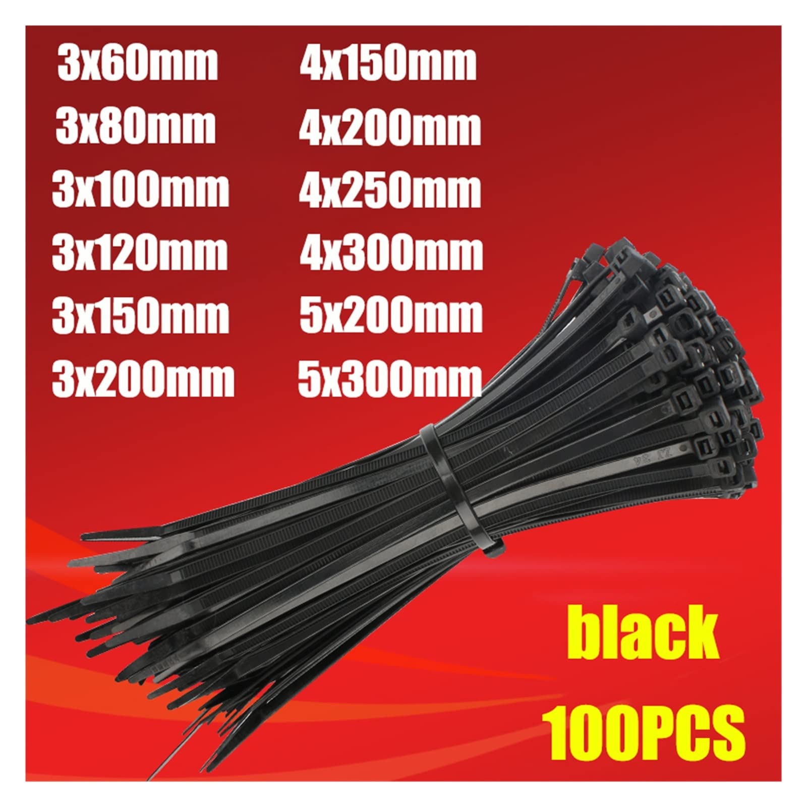 Kunststoff-Nylon-Kabelbinder, 100 Stück, schwarz, 5 x 300 Kabelbinder-Befestigungsring, 3 x 200 Kabelbinder-Reißverschluss mit 5 x 200 selbstsicherndem Nylon-Kabelbinder (Farbe: 3 x 60 mm) (4 x 250