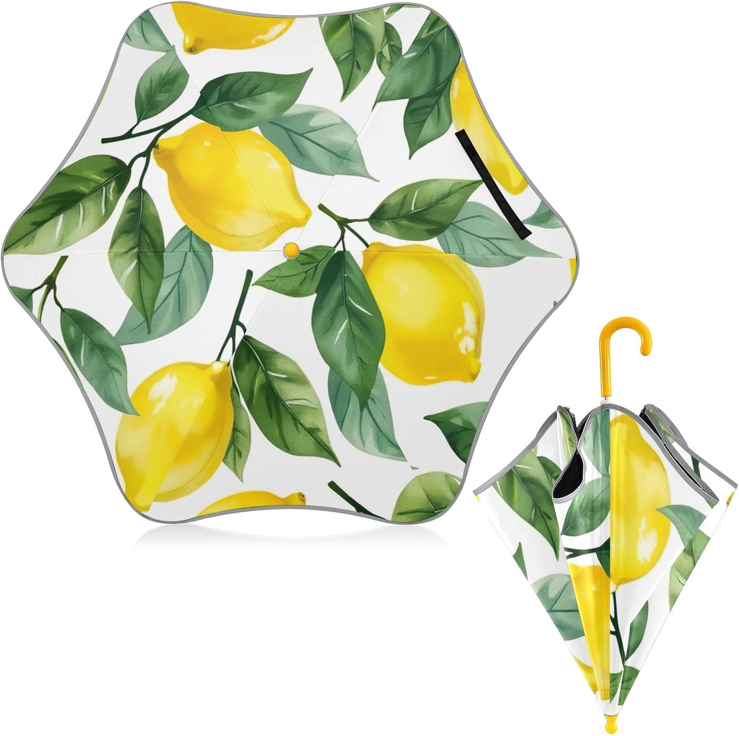 ODAWA Lemons Leaves Yellow Stick Umbrellas for Kids with J Hook Handle Rounded Tips Rain Umbrellas Age 3-8