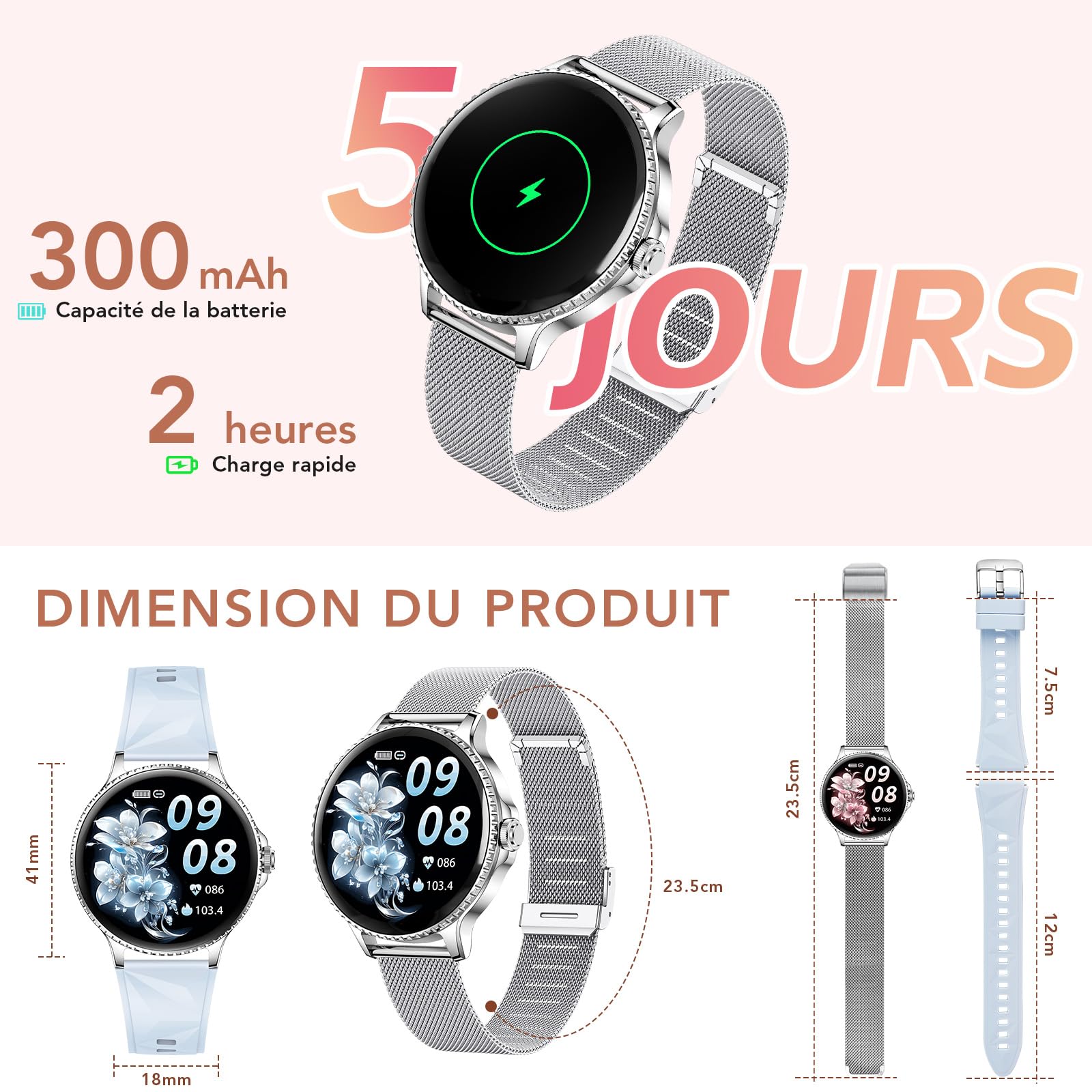 CIVO Montre Connectée Femme Sport: Argent Smartwatch Ronde Repondre Appel - Montres Bracelet Podomètre Etanche Fitness Tracker pour Android iOS Bleu