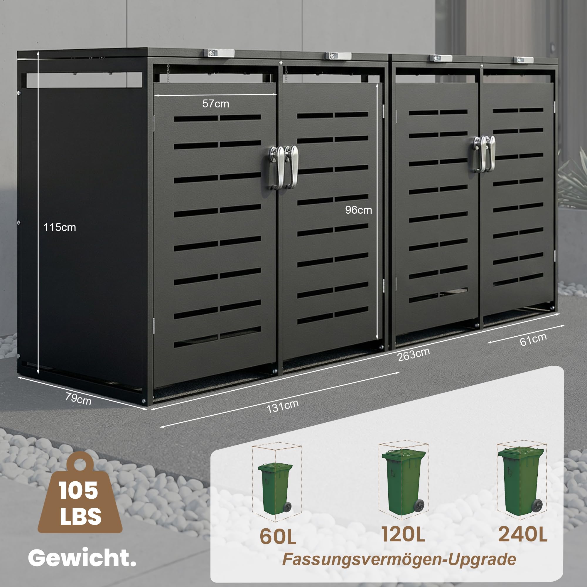 Mülltonnenbox 3er 240L, für 3 Tonnen, Outdoor Anthrazit | Verzinkter Stahl, Outdoor Mülltonnenverkleidung für 3 x 240L Tonnen, Gasdruckfedern, aufgeräumter Gartenbereich