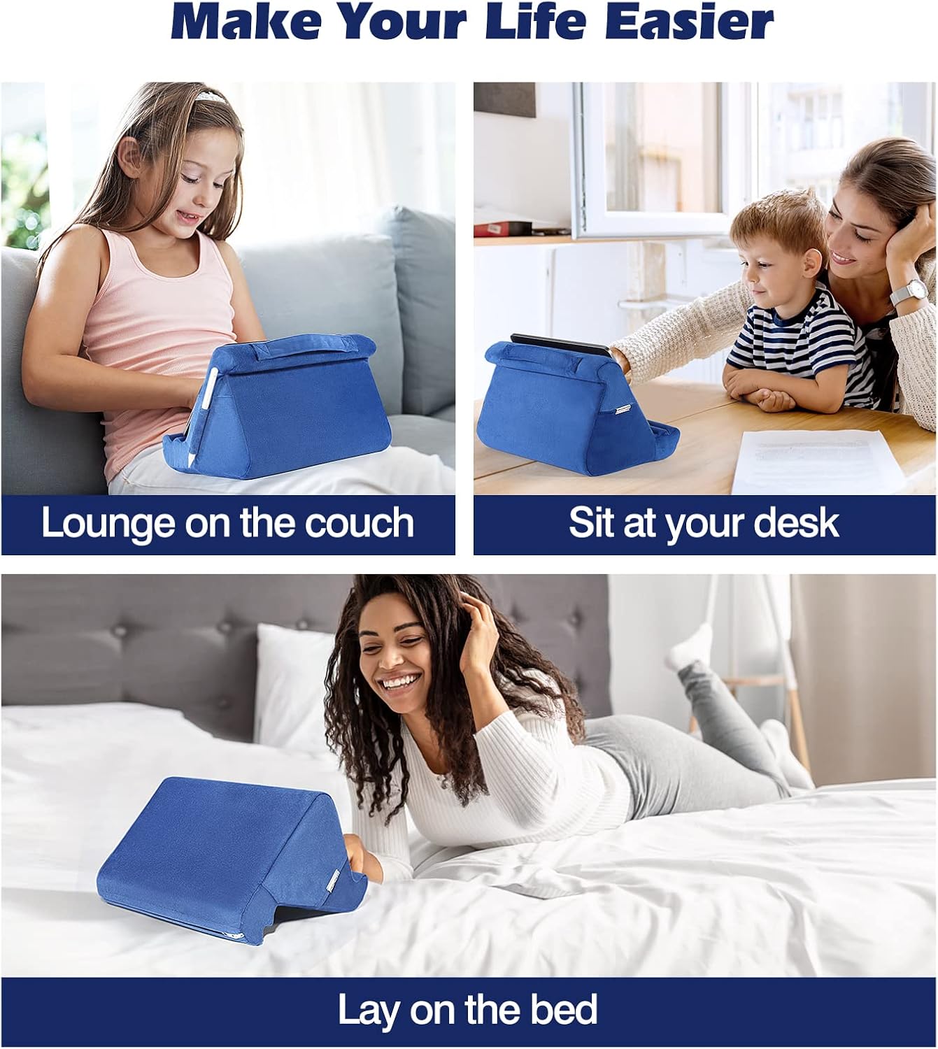 MoKo Tablet Pillow Stand, Soft Tablet Cushion Stand, With Multiple Viewing Angles and Storage Pocket, Fits iPad 10.2 2021/iPad Air 5/4/3/iPad Pro 11/12.9 2022, iPad 10th,Galaxy Tab, iPhone, Book, Blue