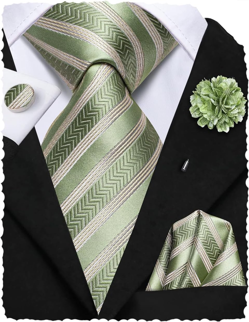 Hi-Tie Mens Tie Set Silk Striped Woven Necktie with Lapel Pin Pocket Square Cufflinks Set for Wedding Party