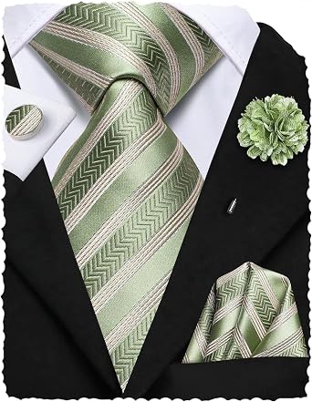 Hi-Tie Mens Tie Set Silk Striped Woven Necktie with Lapel Pin Pocket Square Cufflinks Set for Wedding Party