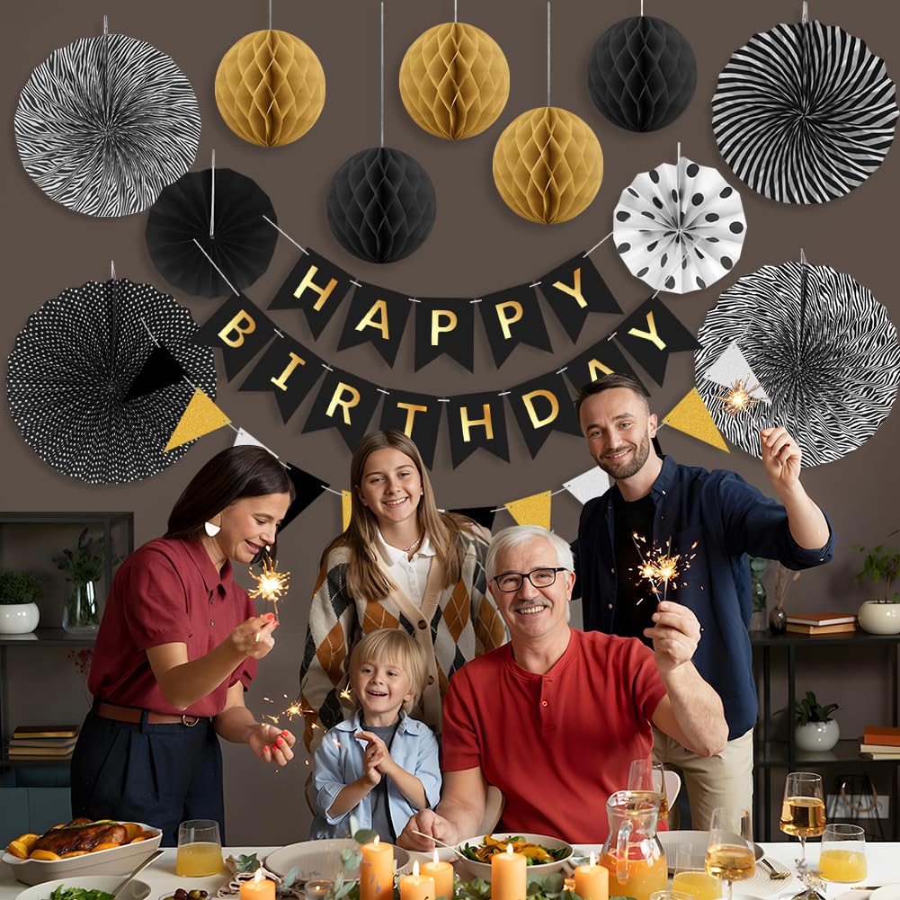Kit di decorazioni di compleanno riutilizzabili da uomo, decorazioni per feste di compleanno riutilizzabili nero e oro a nido d'ape Wonsta