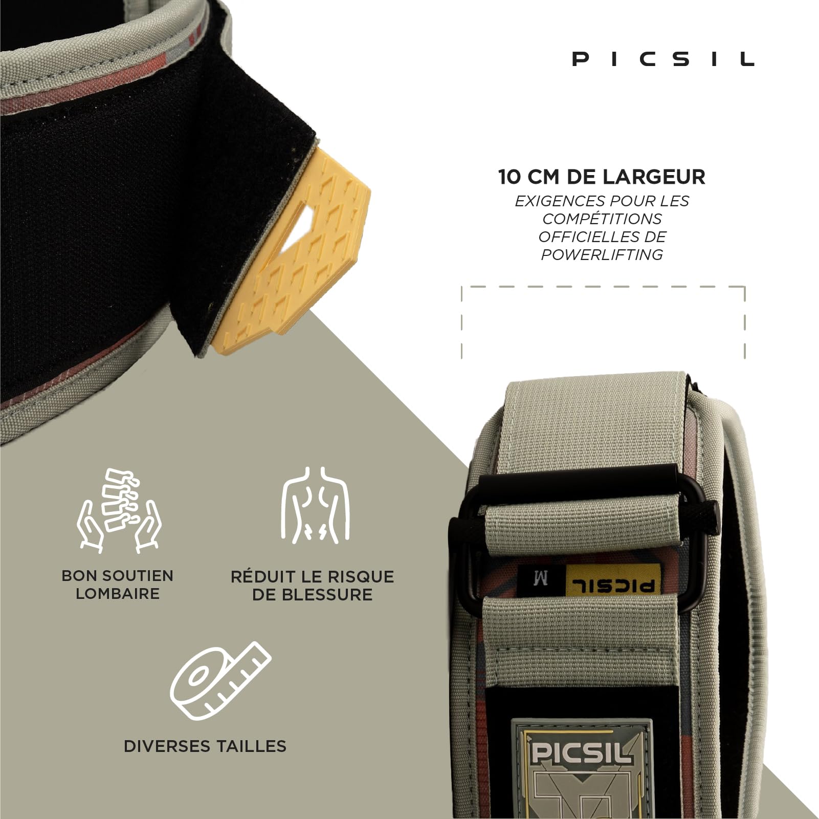PICSIL - Ceinture Lombaire Lockpro en Néoprène, Support Powerlifting, Cross Training et Functional, Double Fermeture Réglable