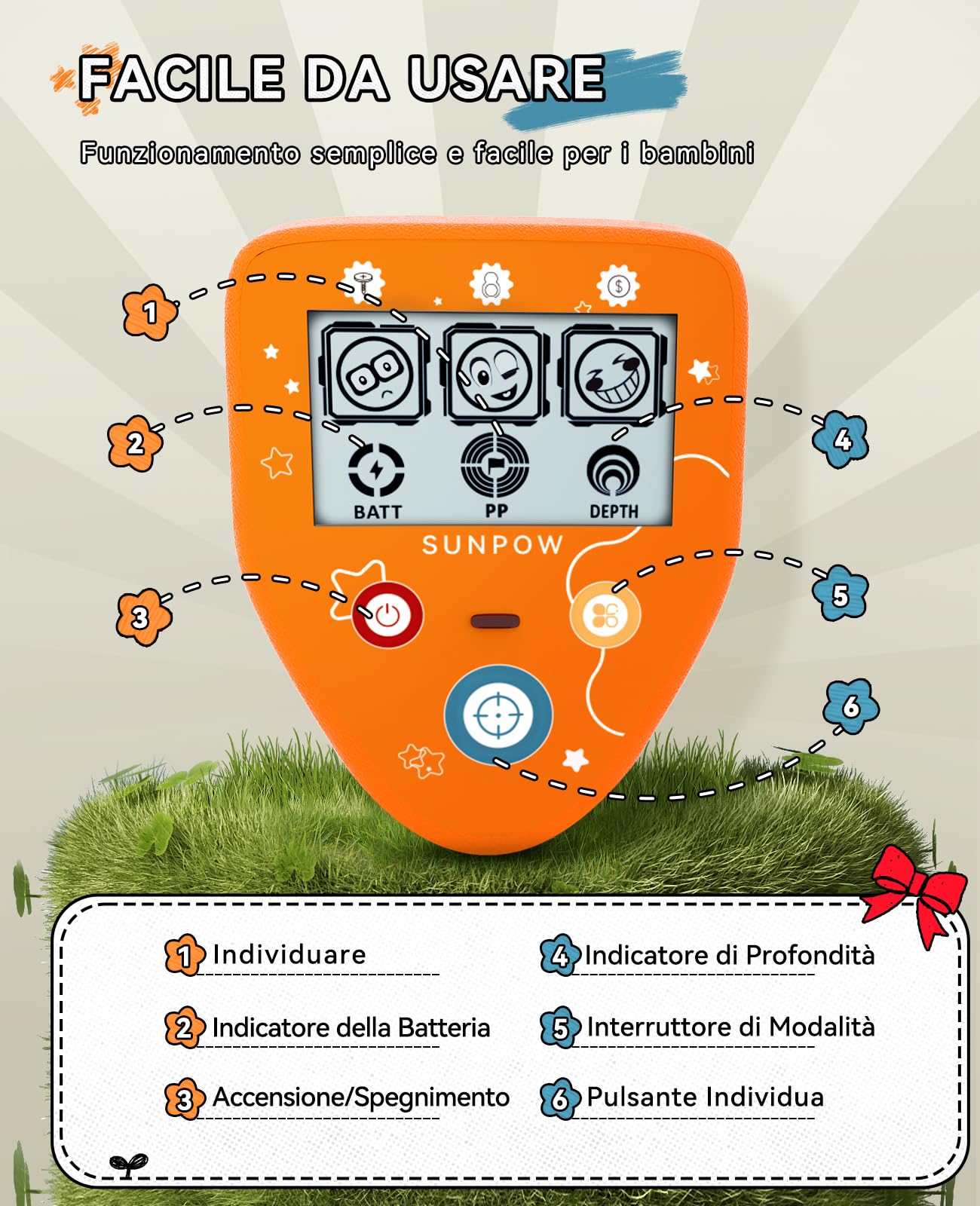 SUNPOW Metal Detector per Bambini - Metal Detector Leggero e Impermeabile - con Display LCD Cartoon, 3 modalità, Rilevatore d'Oro Regolabile - Facile da trasportare e da usare