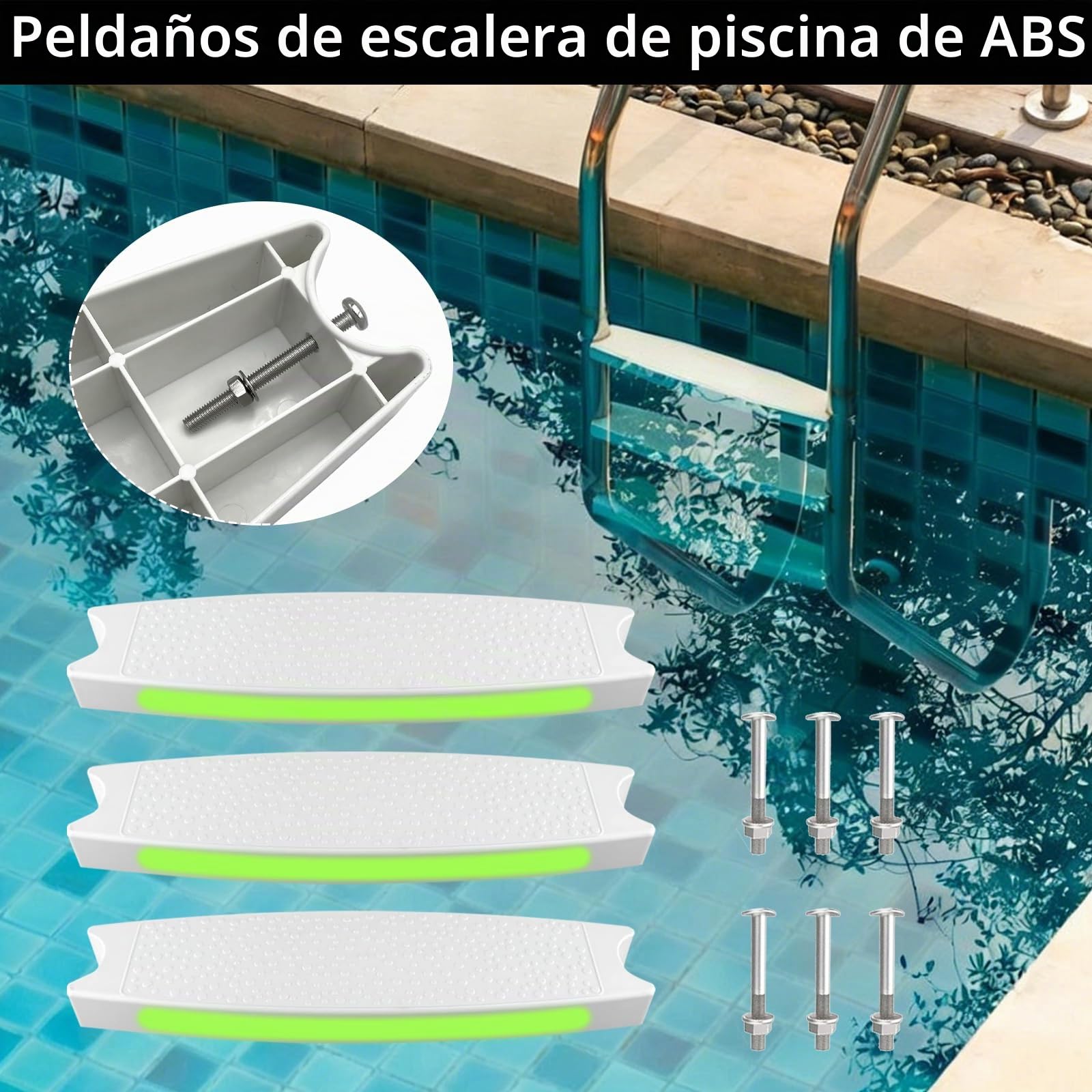 Escalera de piscina, repuesto para escalera de piscina con tiras reflectantes, nivel de repuesto para peldaños rectos para piscina, nivel de repuesto para escalones de piscina, antideslizante para