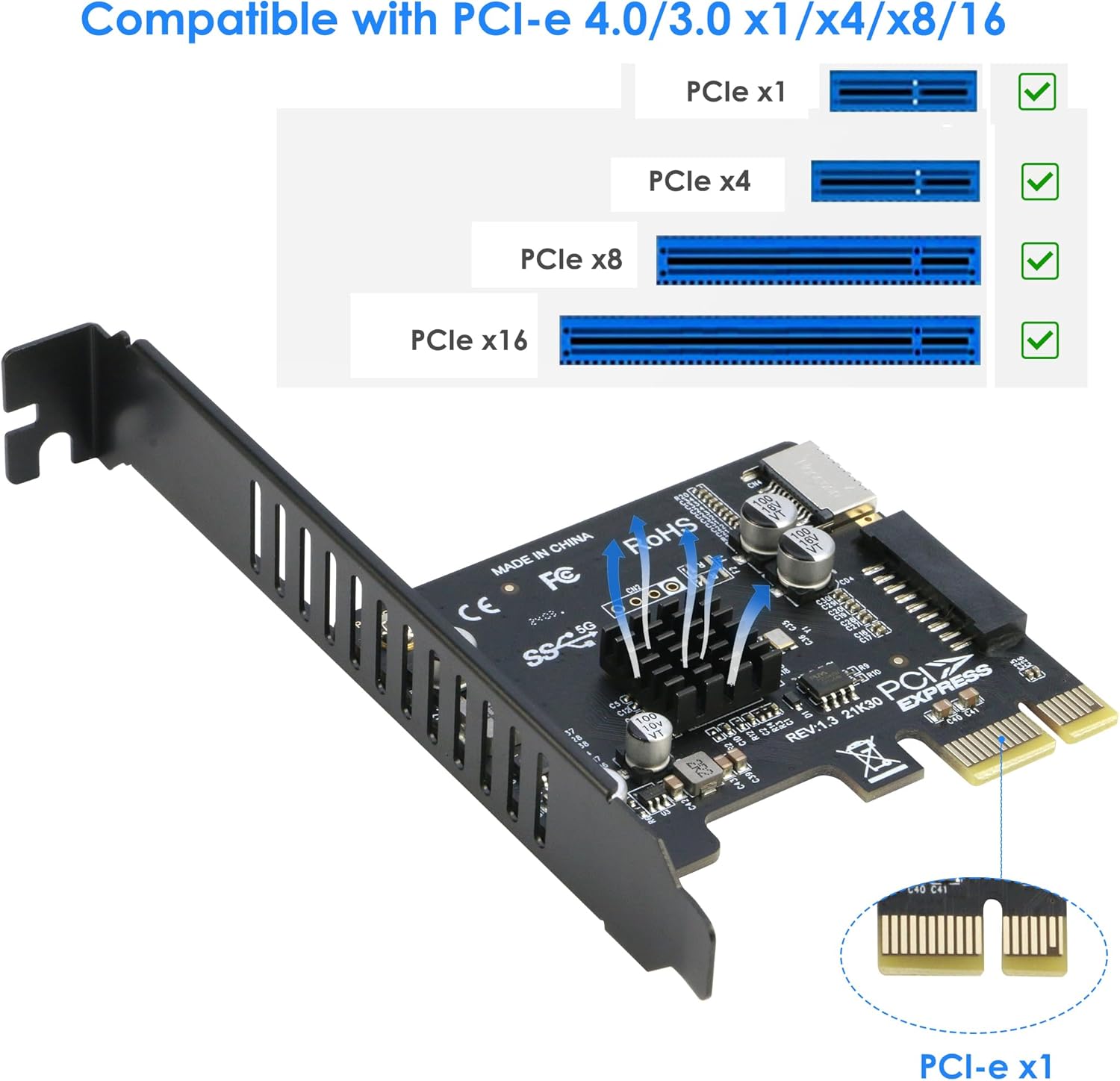 PCIe to 6X USB 3.0 + 2X USB C and PCIe to Internal 20PIN + Type-E Card