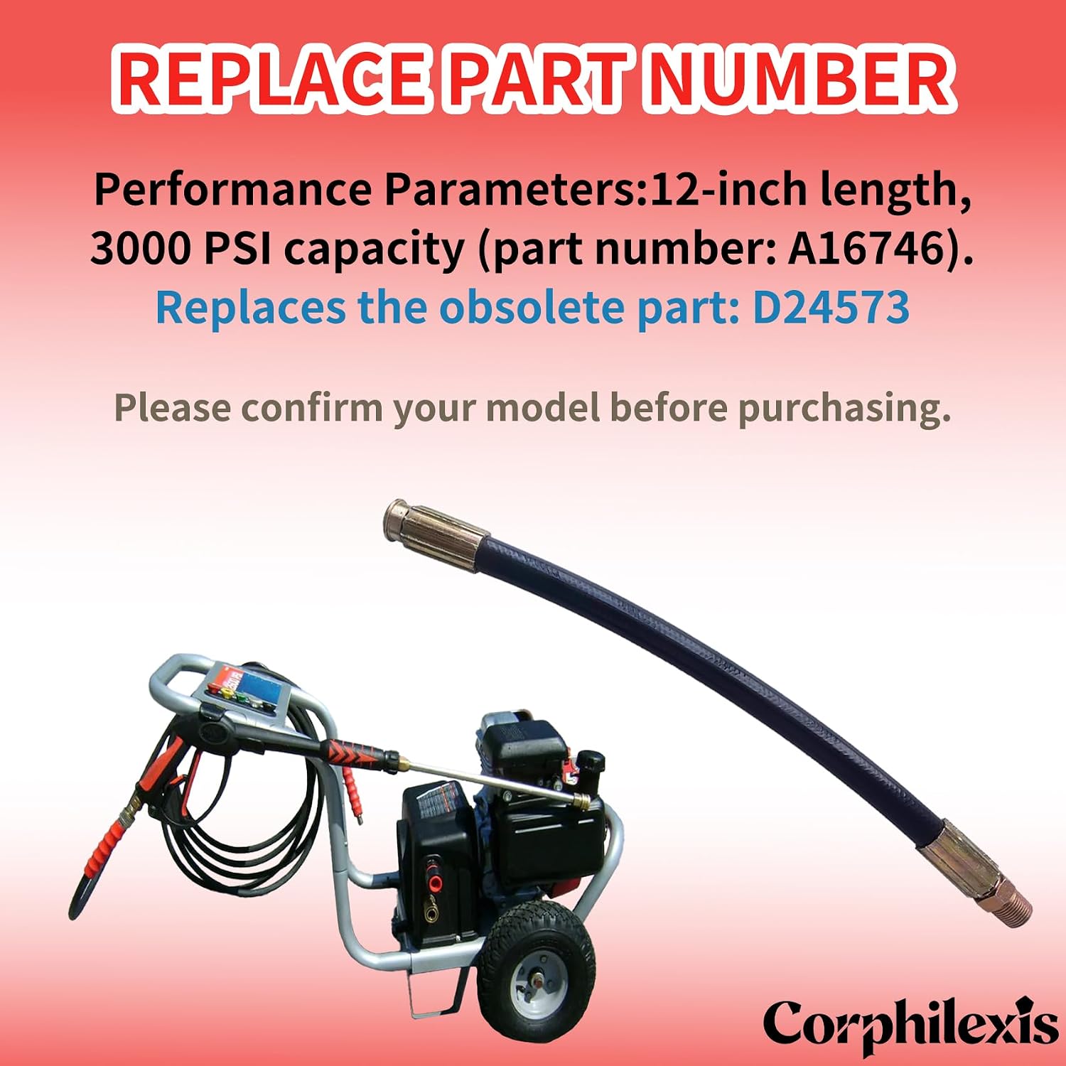 12 Inch Heavy Duty Pulse Power Washer Hose, 3000 PSI High Pressure Pulse Pressure Washer Hose, Replacement Vibration Hose Compatible with Excell Devilbiss XR VR Series XC XR2600 Pressure Washer Pump