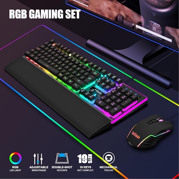 Close-up view of the RedThunder K10 keyboard's UK layout and RGB backlighting.