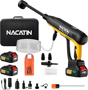 Cordless Washer, 3 Gear Brushless Washer for Car Washing, Patio, Fence, Driveway, Outdoor Cleaning, with 2 Batteries, 6 in 1 Nozzle, 6 Meter Hose, Tap Adapter