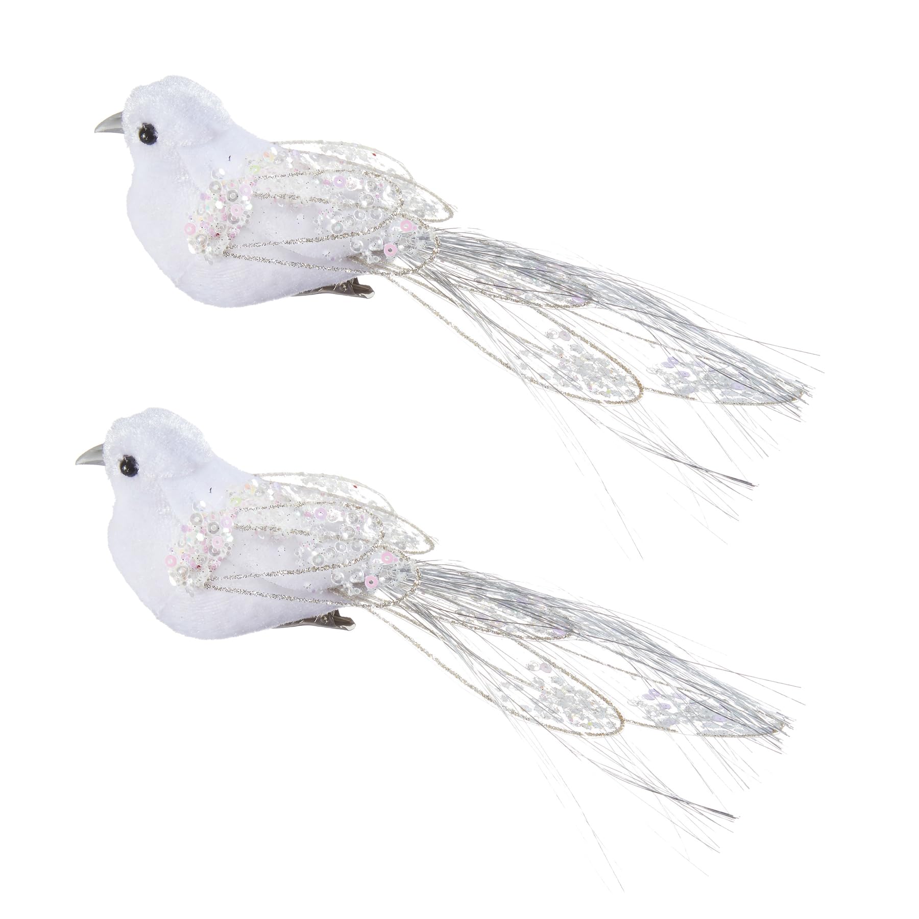 Christmas Tree White Bird Clip on Decoration Glitter Sequin 18cm Set of 2-8429