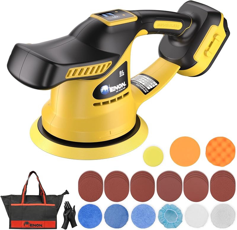 Brushless Cordless Car Buffer Polisher Kit Compatible with Dewalt 20V Battery Dual Action Random Orbital Polishing with 6-Speed for Auto Detailing, Waxing & Paint Correction（NOT Include Battery)
