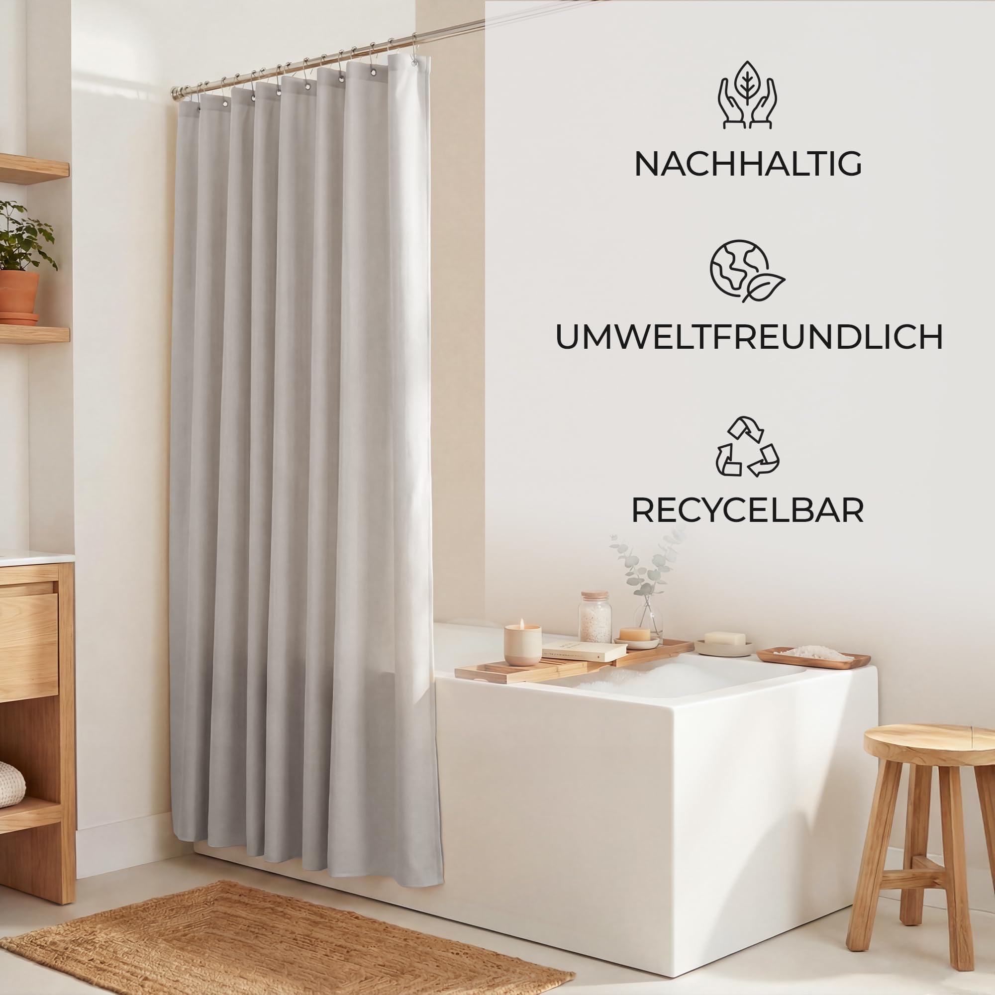 Duschvorhang 180x200cm Grau – 230 GSM Leinen Wasserdicht Waschbar | 230 GSM Stoff – kein Kleben am Körper, 100% wasserdicht, 12 Metallösen mit Kugellager, maschinenwaschbar