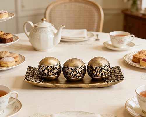 Miniatura 6 de Juego de 3 orbes decorativos de resina dorada con bandeja para decoración de mesa de centro de mesa Oro