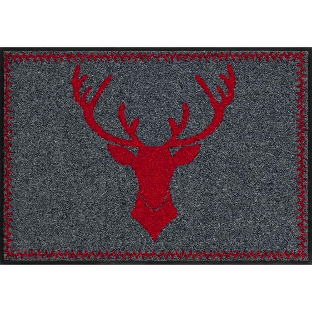 Salonloewe Fußmatte Hirsch-Kopf rot Jagd Landhaus Sauberlauf Abtreter Fuss-Matte aussen + innen 50x75cm rot
