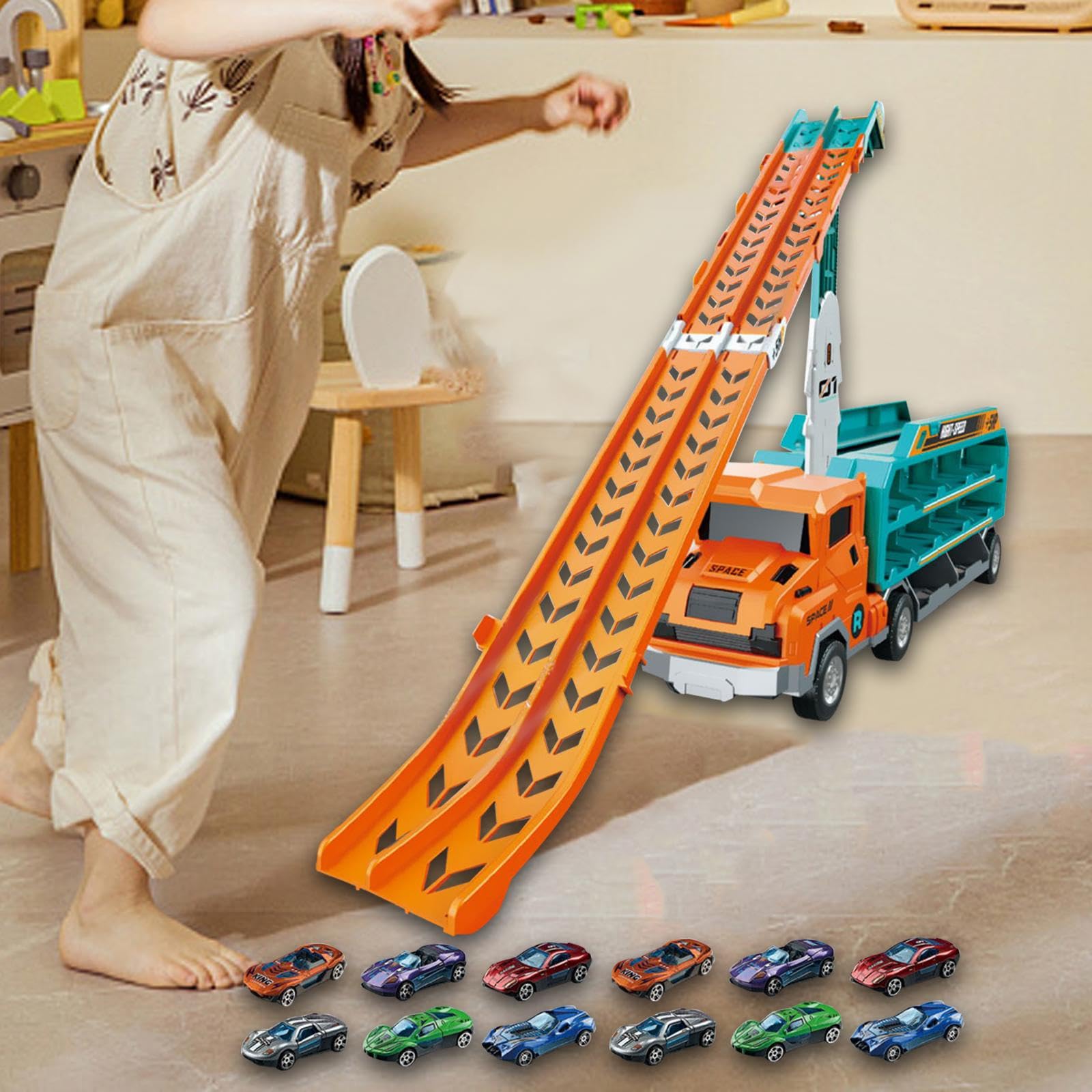 Camión Transportador de Coches de Juguete, Camión de Transporte Transformable, Divertido Camión de Juguete Plegable, Transportador de Almacenamiento D, Naranja