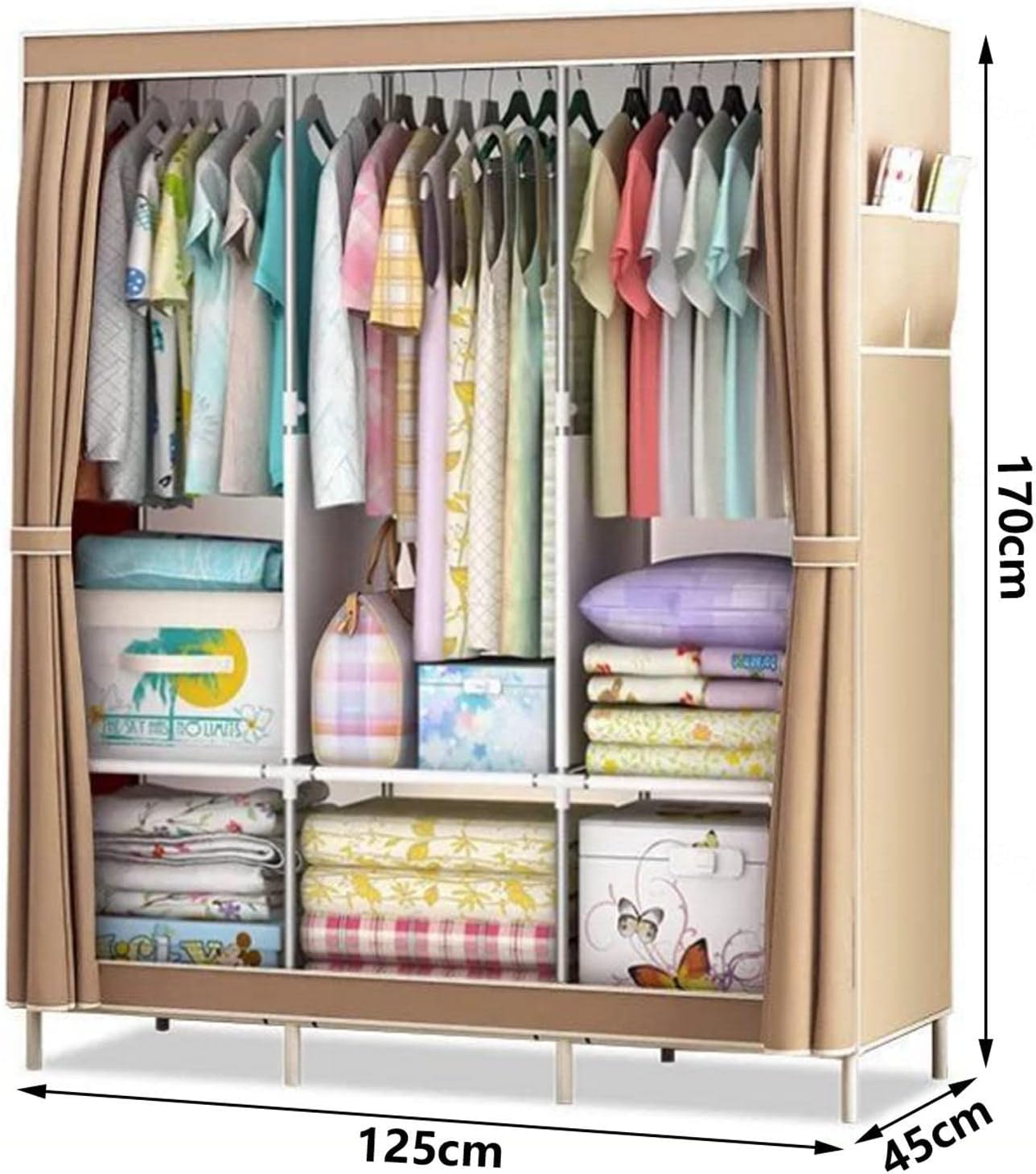 Portable Canvas Wardrobe, Fabric Clothes Closet Storage Organizer with Hanging Rail, Shelves, Side Pockets, Foldable Closet for Bedroom,Brown-125x45x170cm
