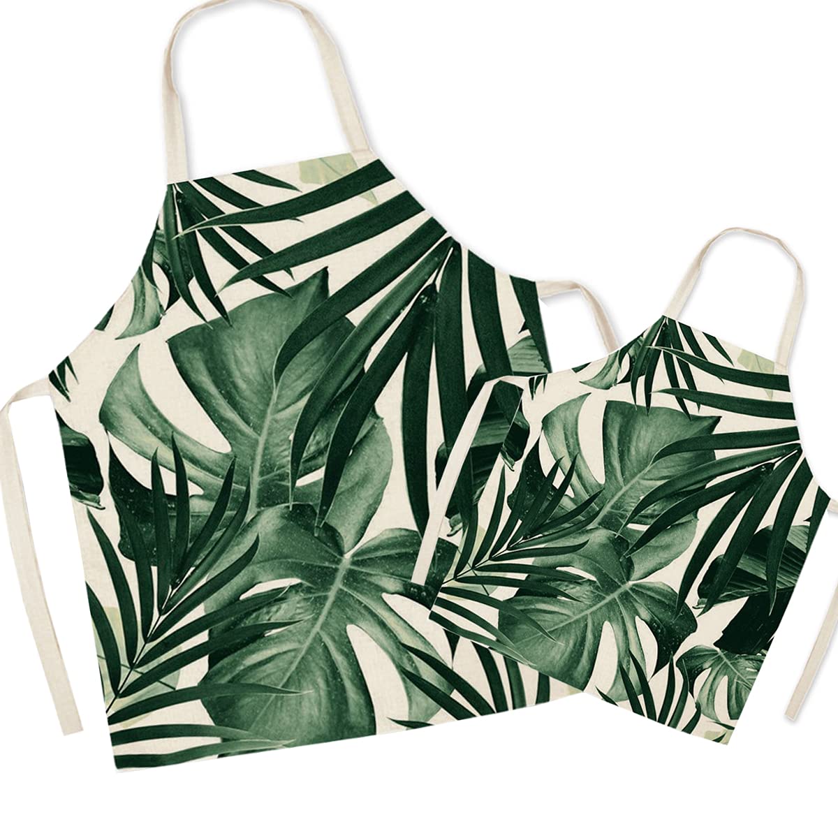 FOMAISELF Linen Parent and Child Cooking Apron - Leaf Pattern Mum and Kids Apron, Mummy Son Daughter Aprons for Cooking Baking Painting Party