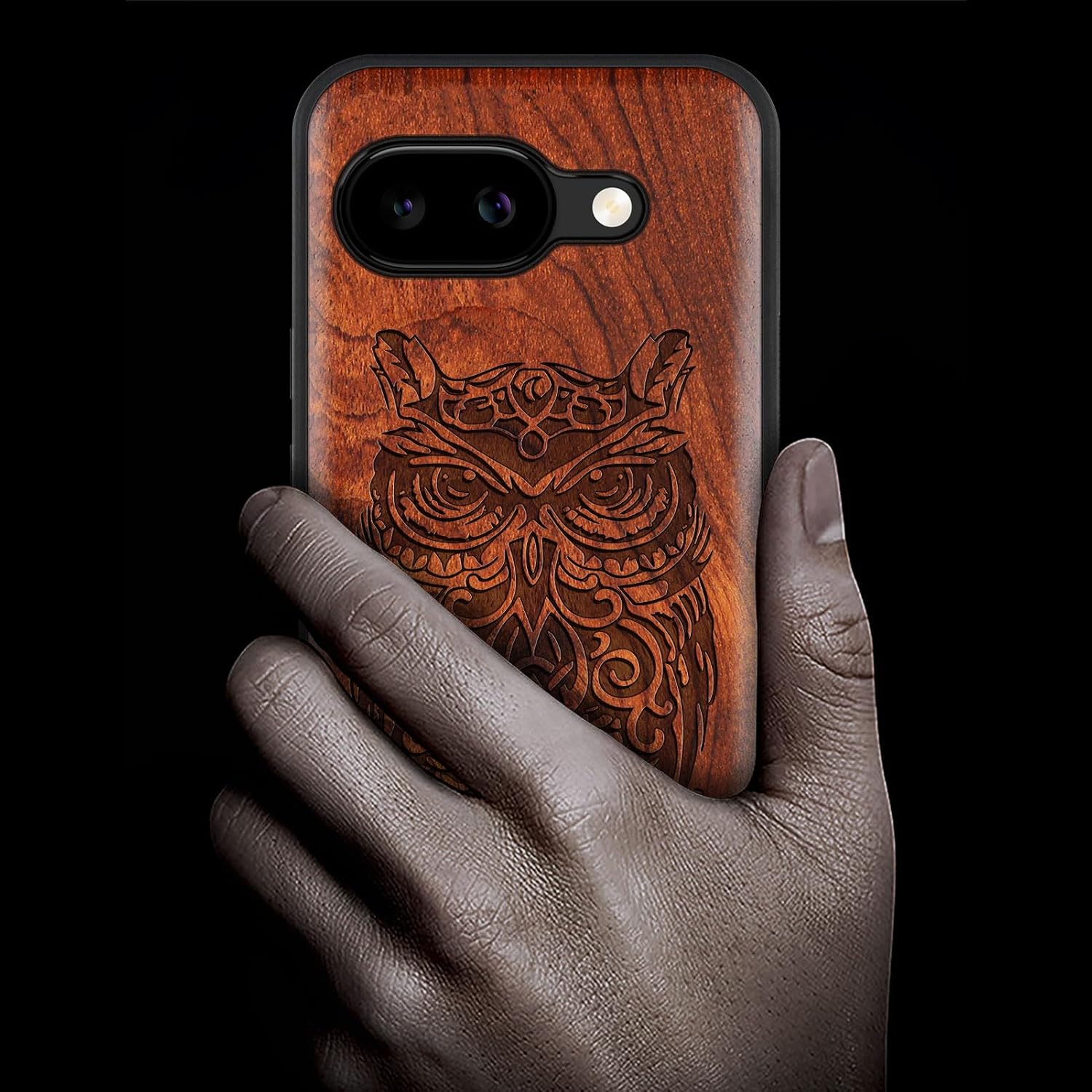 Carveit Magnetic Wooden Case for Google Pixel 9a Case, Wood Artisan Engraved & Soft TPU Shockproof Cover, Compatible with MagSafe Wireless Chargers (Owl Perched on Branch) Rosy