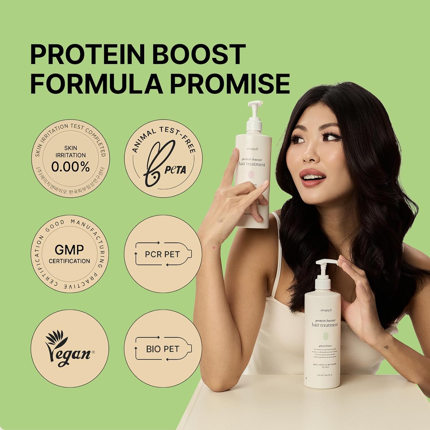 simplyO Protein Booster Hair Treatment, Conditioner for Frizzy & Damaged Hair, 16-Protein + Peptide Complex, Triple Hyaluronic + Ceramide, Argan/Jojoba/Camellia Oils, Vegan, Green Breeze, 16.9 fl oz