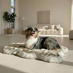 Faux Fur Orthopedic Dog Bed, Memory Foam, White w/Brown Tips 50"x30" | Plush Washable Dog Rug with Waterproof Machine Washable Cover, Calming for Anxious Senior Dogs, Relieves Joints