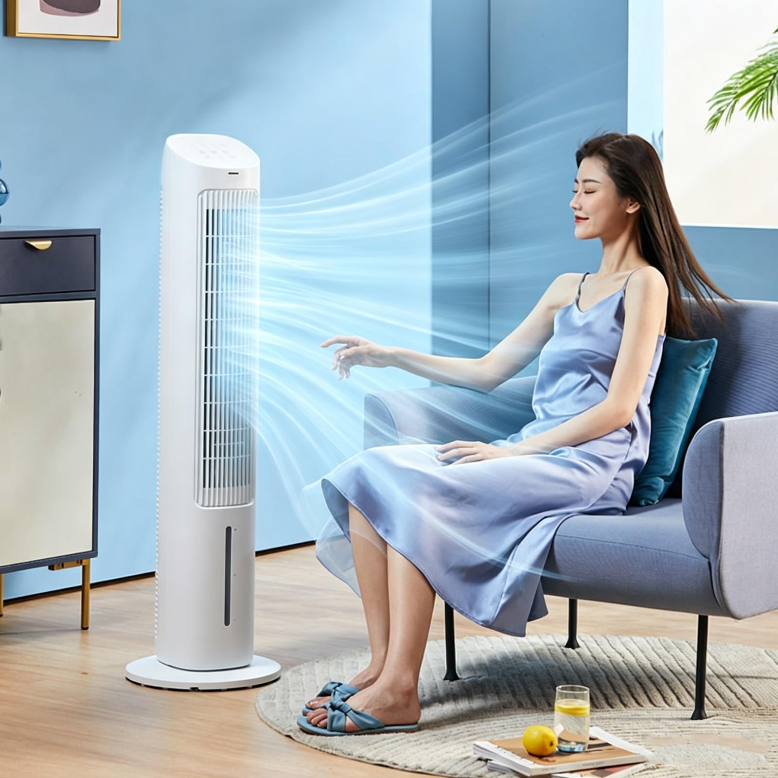100cm Ventilatore a Torre per Camera da Letto con Telecomando | Ventilatore Silenzioso con Serbatoio da 4 Litri, Timer di 7 Ore e 3 Velocità per Soggiorno, Ufficio e Casa