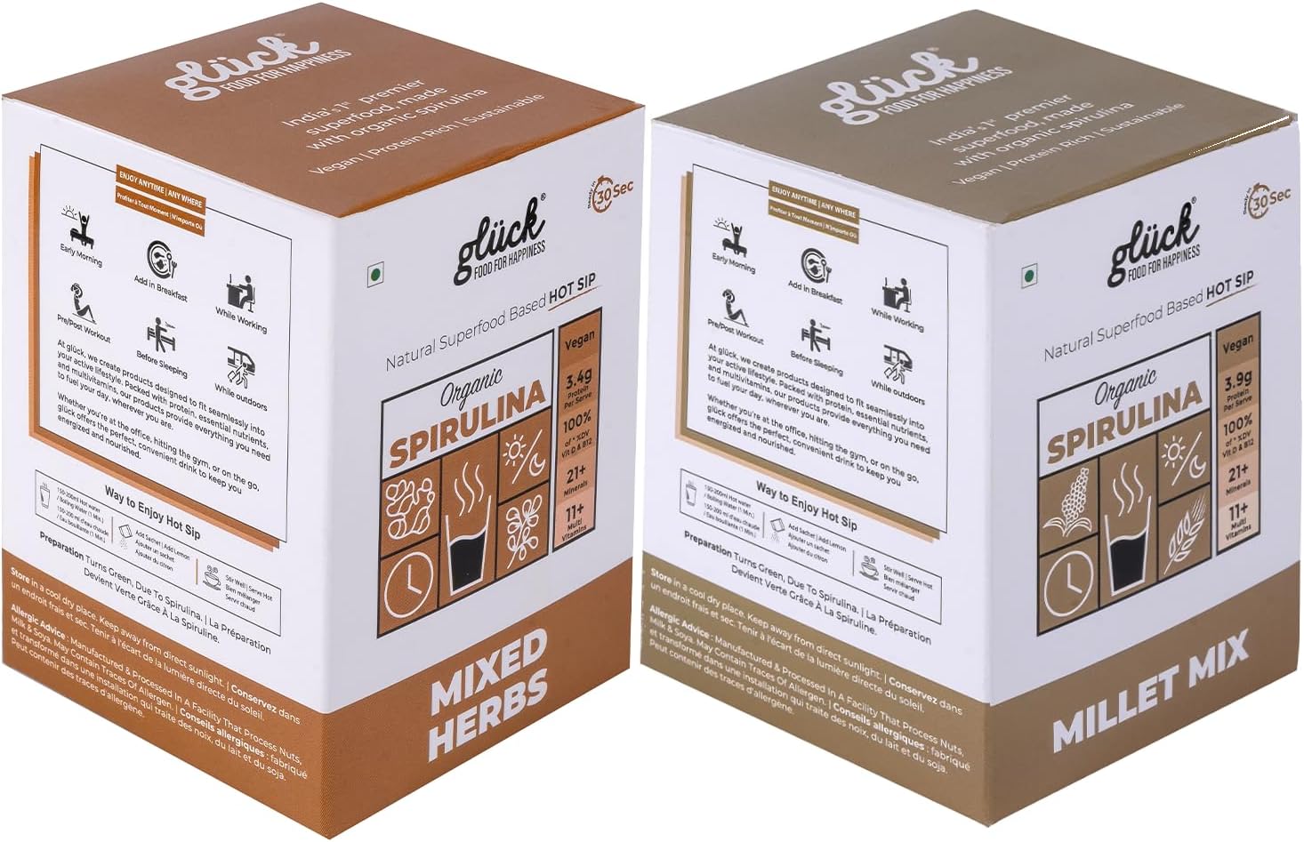 Gluck Organic Spirulina Hot Sip Ready-to-Drink Mix – Millet Mix & Mixed Herbs, Plant-Based Protein, Daily Nutrition for Men & Women (10 Sachets Each)