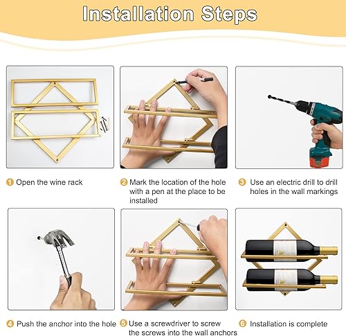 Vista 4 de AUHOKY Soporte de metal para vino montado en la pared, organizador plegable mejorado para 2 botellas de licor, colgador de exhibición de botellas