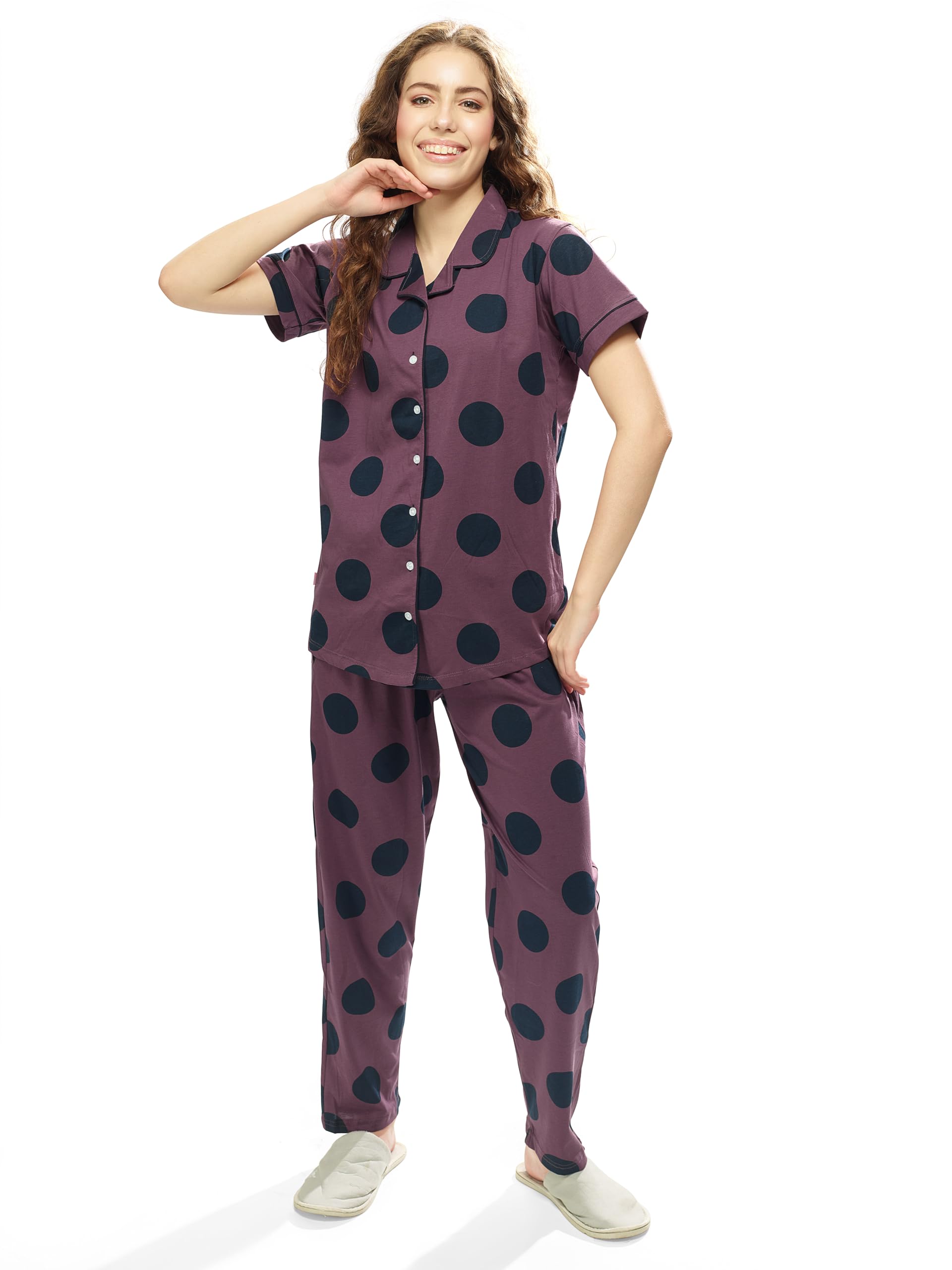 Women Polka Dots Print Night Suit Shirt & Pajama Set-image-16