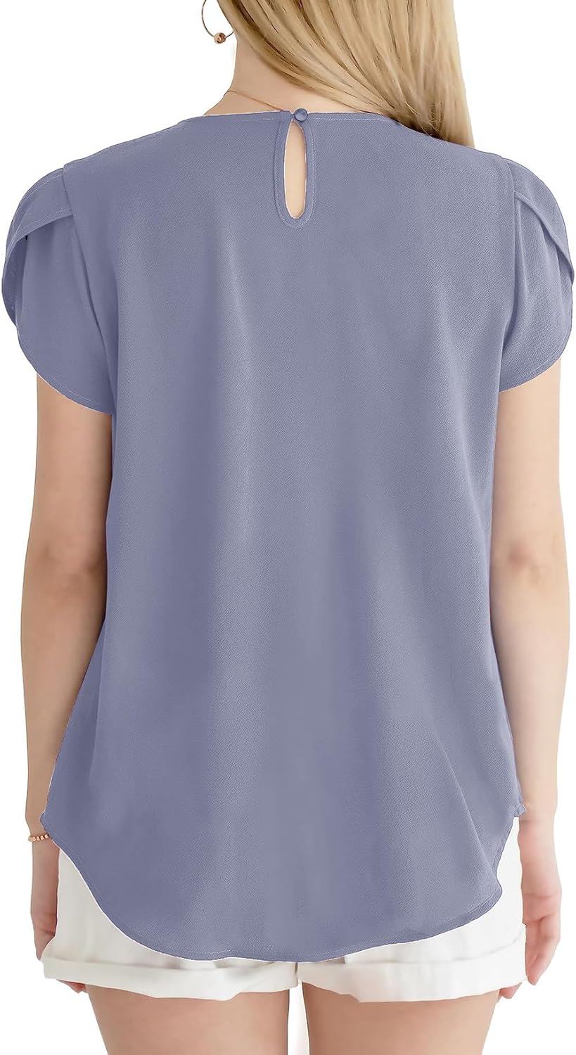 Dokotoo Women's Casual Round Neck Basic Pleated Tops Short Sleeve Loose Fit Curved Back Chiffon Blouses Tshirts - Image 5