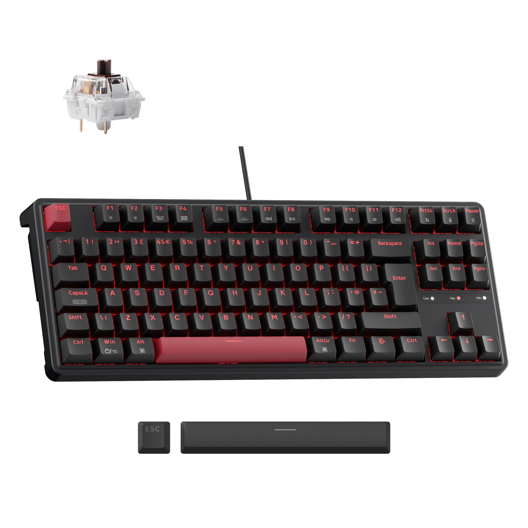 Keychron C3 Pro Wired Mechanical Keyboard - ISO UK Layout, 87 Key TKL Compact, Gasket Mount, QMK/VIA Programmable, Red Switches, Red Backlight, for Mac Windows Linux Gaming — view 8