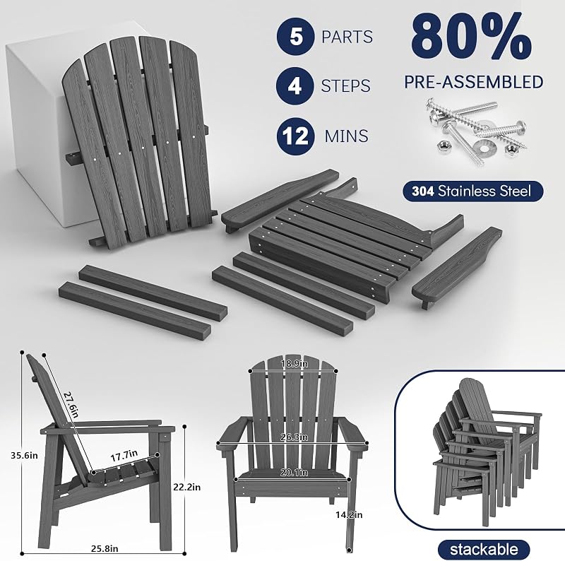 nevilywood Stackable Adirondack Chair, HDPE Outdoor Chair Set of 4, Grey image 6