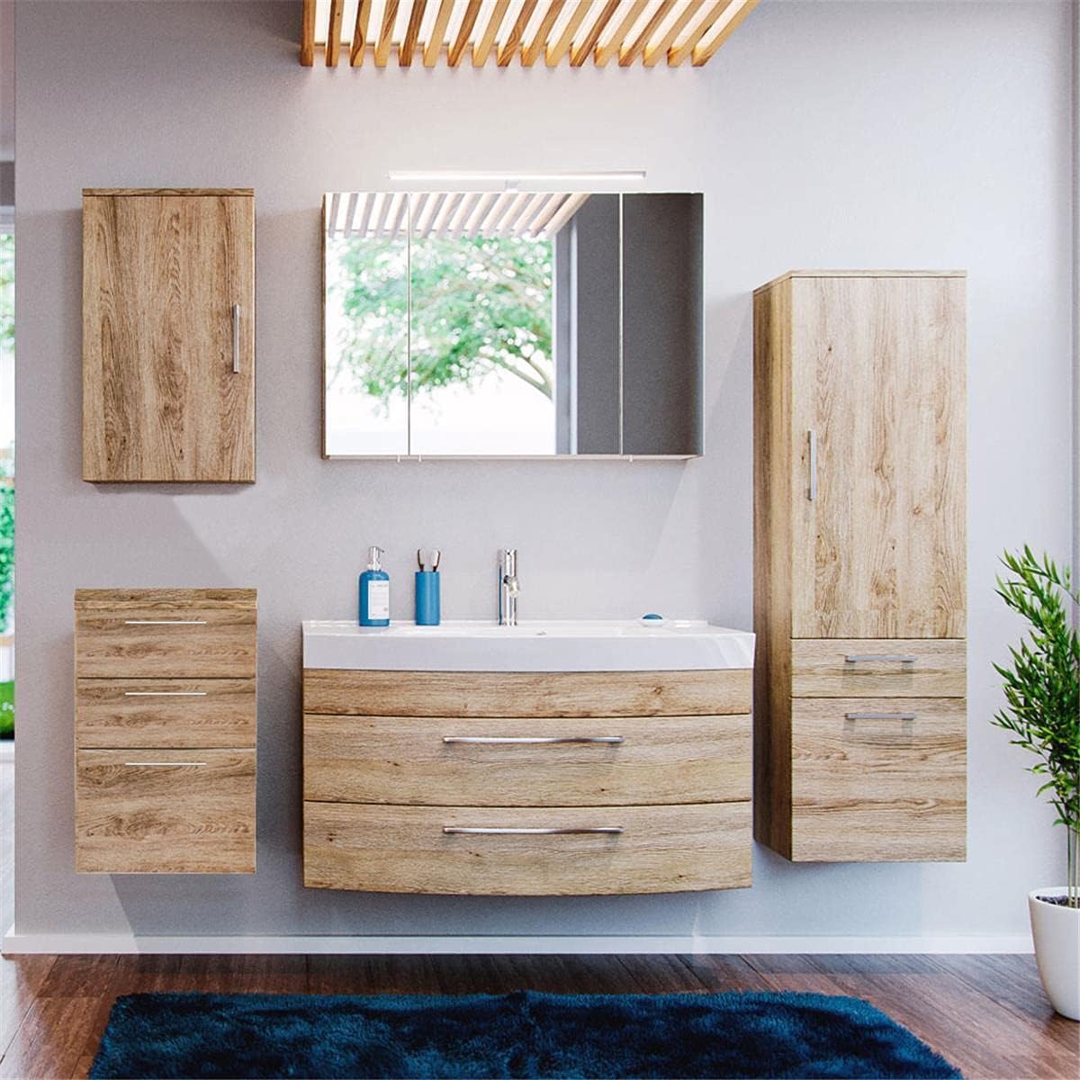 Set Mobili Bagno Con Effetto Scanalato - Lavabo Ceramica, Specchio LED, Armadi Alti - 80cm Colore Nero Opaco - 6