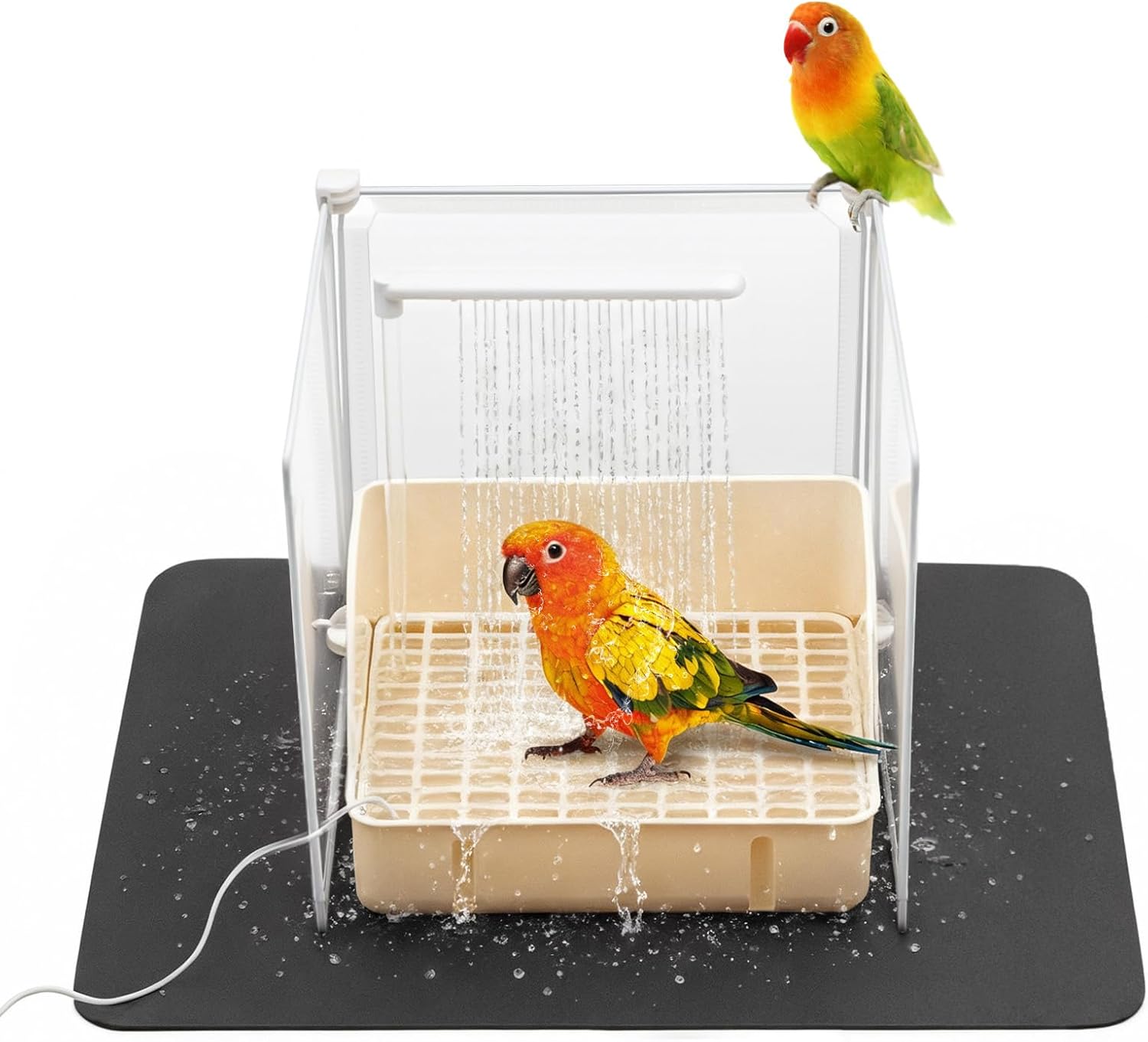 Bird Bath and Absorbent Pad Set, Automatic Bird Shower Fountain Indoor Bathtub with Baffle USB Electric Large Parrot Bathtub Circulating Water for Pet Birds, African Grey, Cockatiel, Budgie, Lovebird