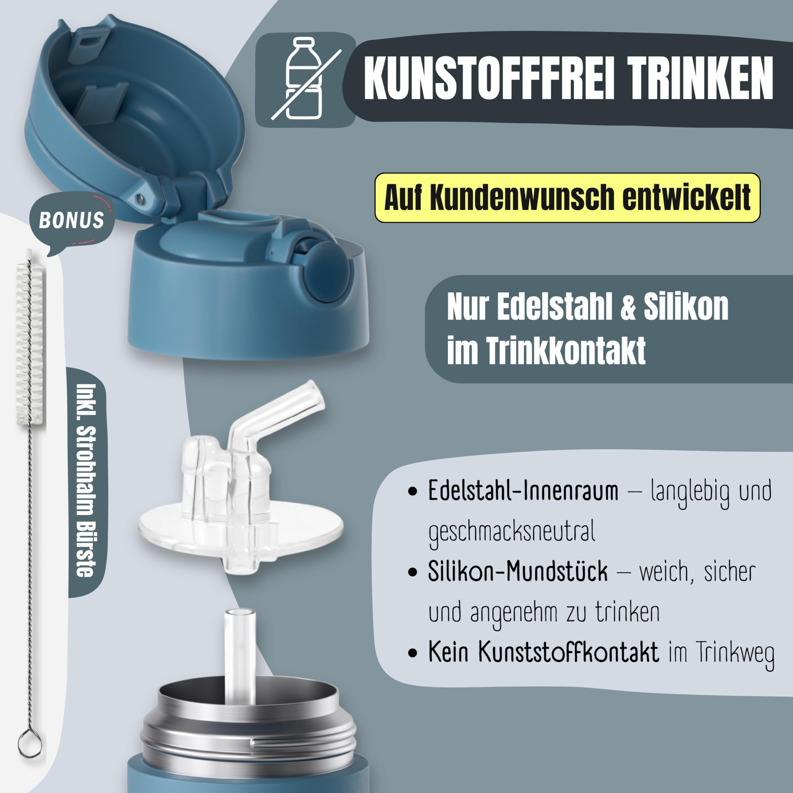 BEARFOOT Edelstahl Trinkflasche Kinder 350ml (Traktor Fuchs – Blau) | Thermo, vakuumisoliert, mit Tragegriff, auslaufsicher, BPA-frei, für Mädchen & Jungen