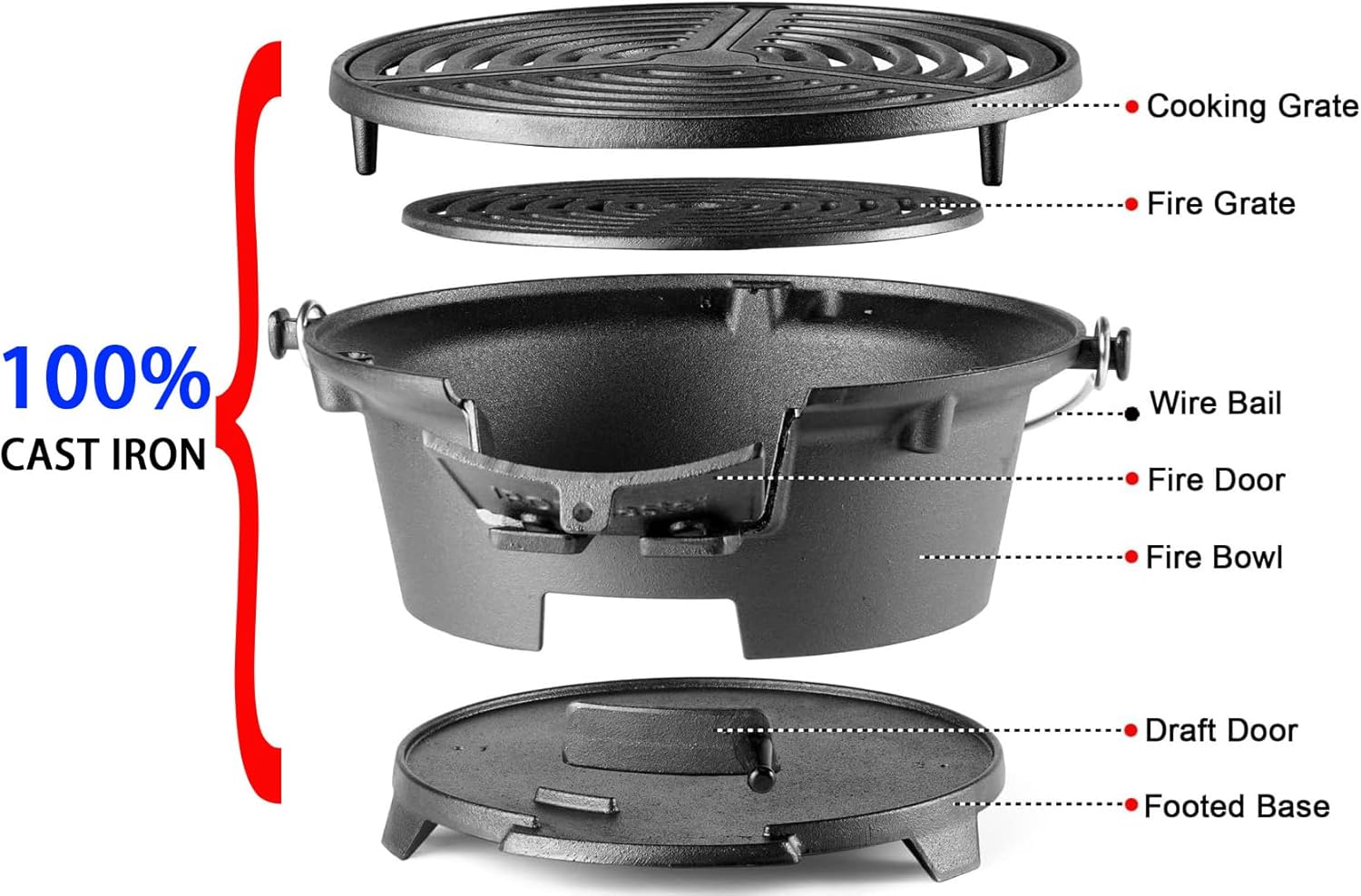 IronMaster Hibachi Grill, 100% Cast Iron, Tabletop Small Portable Charcoal Grill for Outdoor Camping - 2 Heights, Air Control, Coal Door, Ideal for 2 People